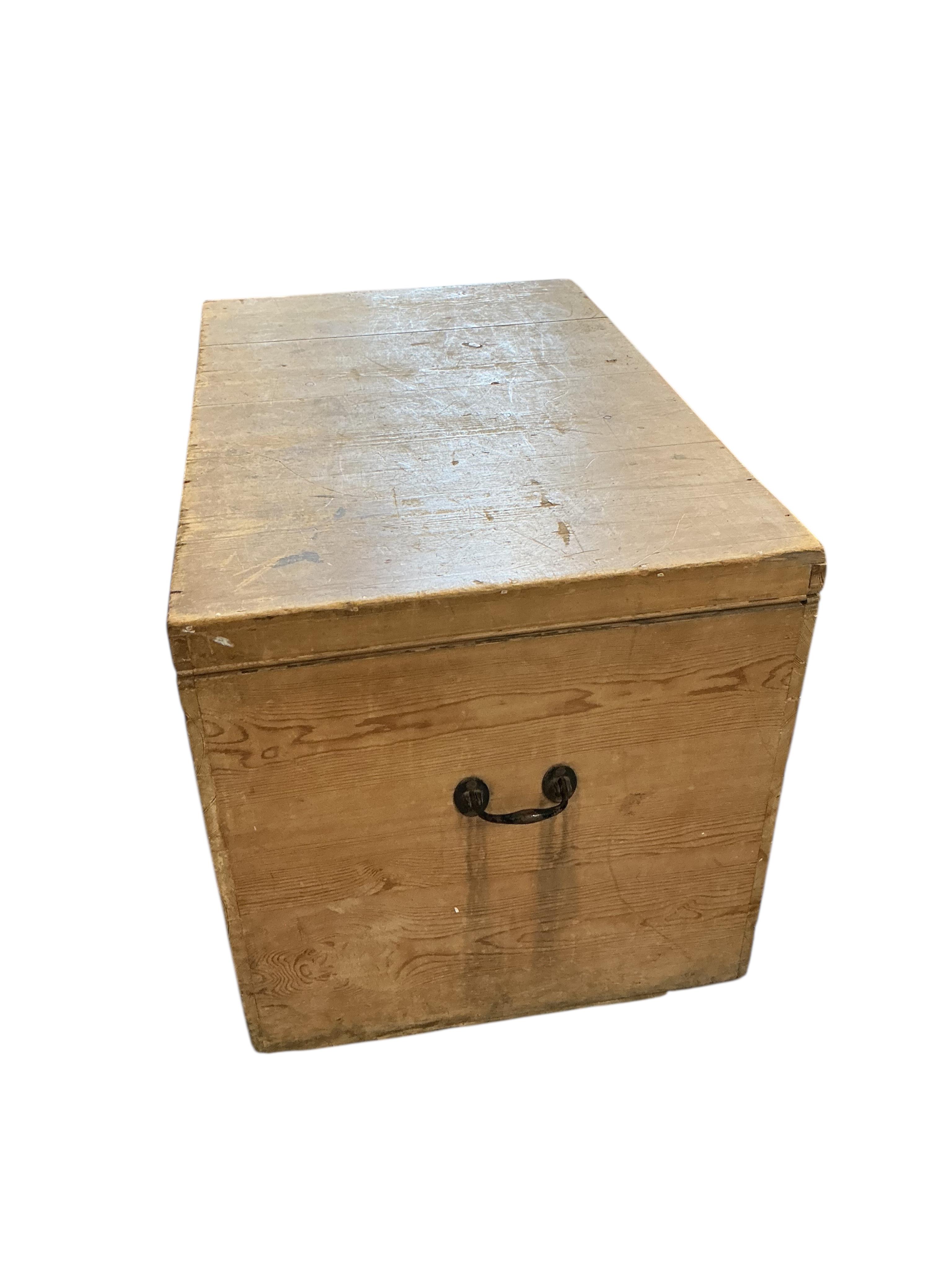 A Victorian rectangular pine trunk, width 88cm, depth 56cm, height 56cm